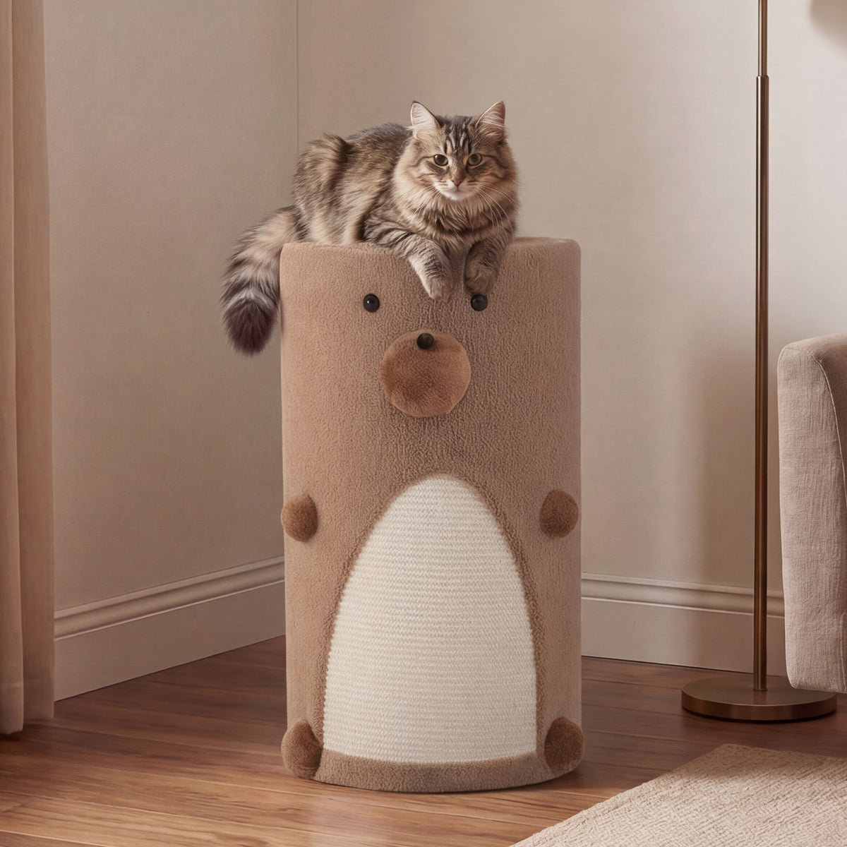A cat sits on top of the cat furniture which has a sisal scratching panel