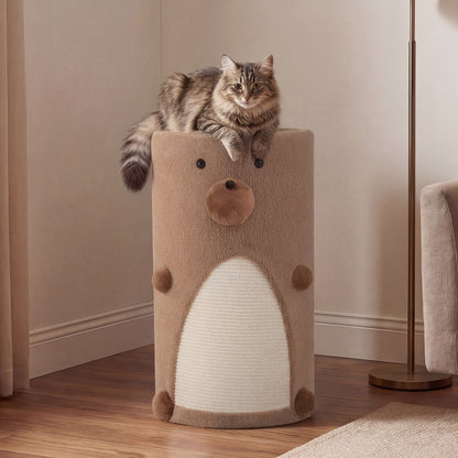 A cat sits on top of the cat furniture which has a sisal scratching panel