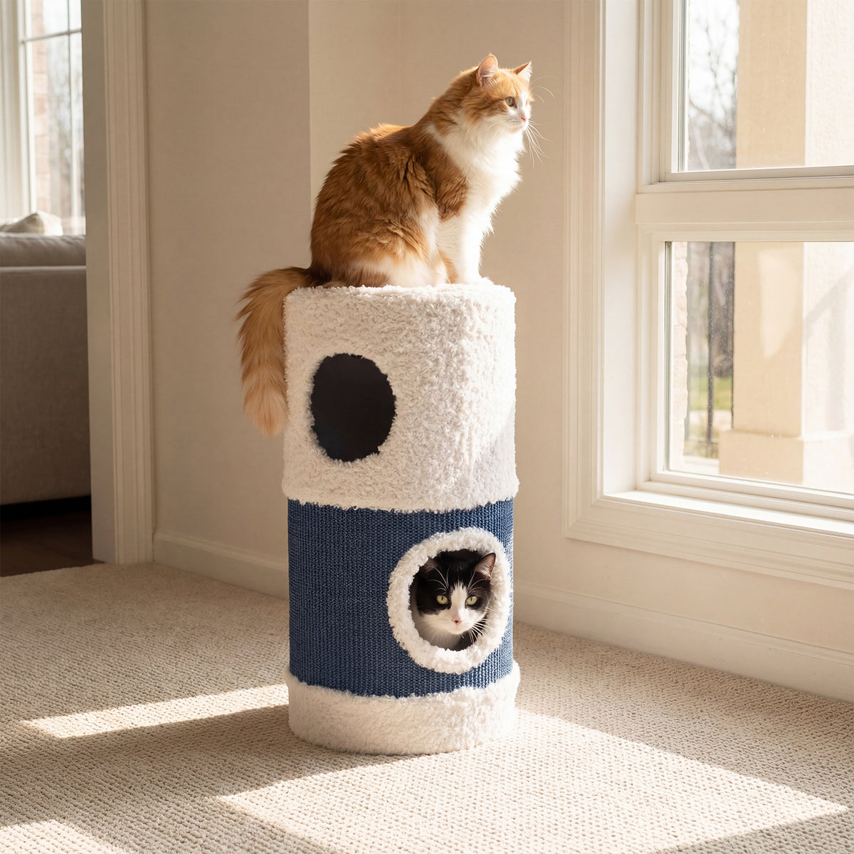 Two cats looking out of the openings of the cat furniture in a bright room