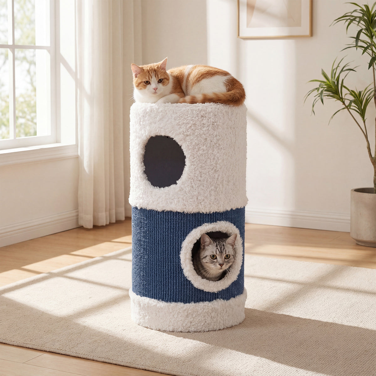 Two cats using the cat furniture, one on top and one inside the lower opening