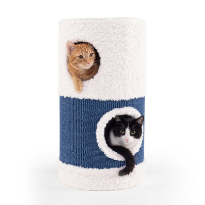 Two cats peeking out of the openings of the cat furniture
