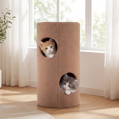 The cat furniture has two circular openings on the front and a bear face on top