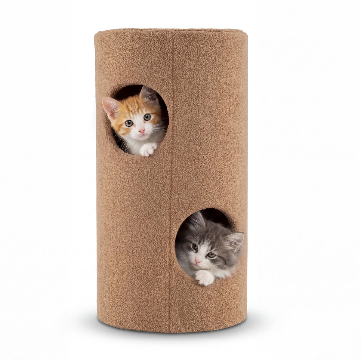 Two kittens look out from the cat furniture
