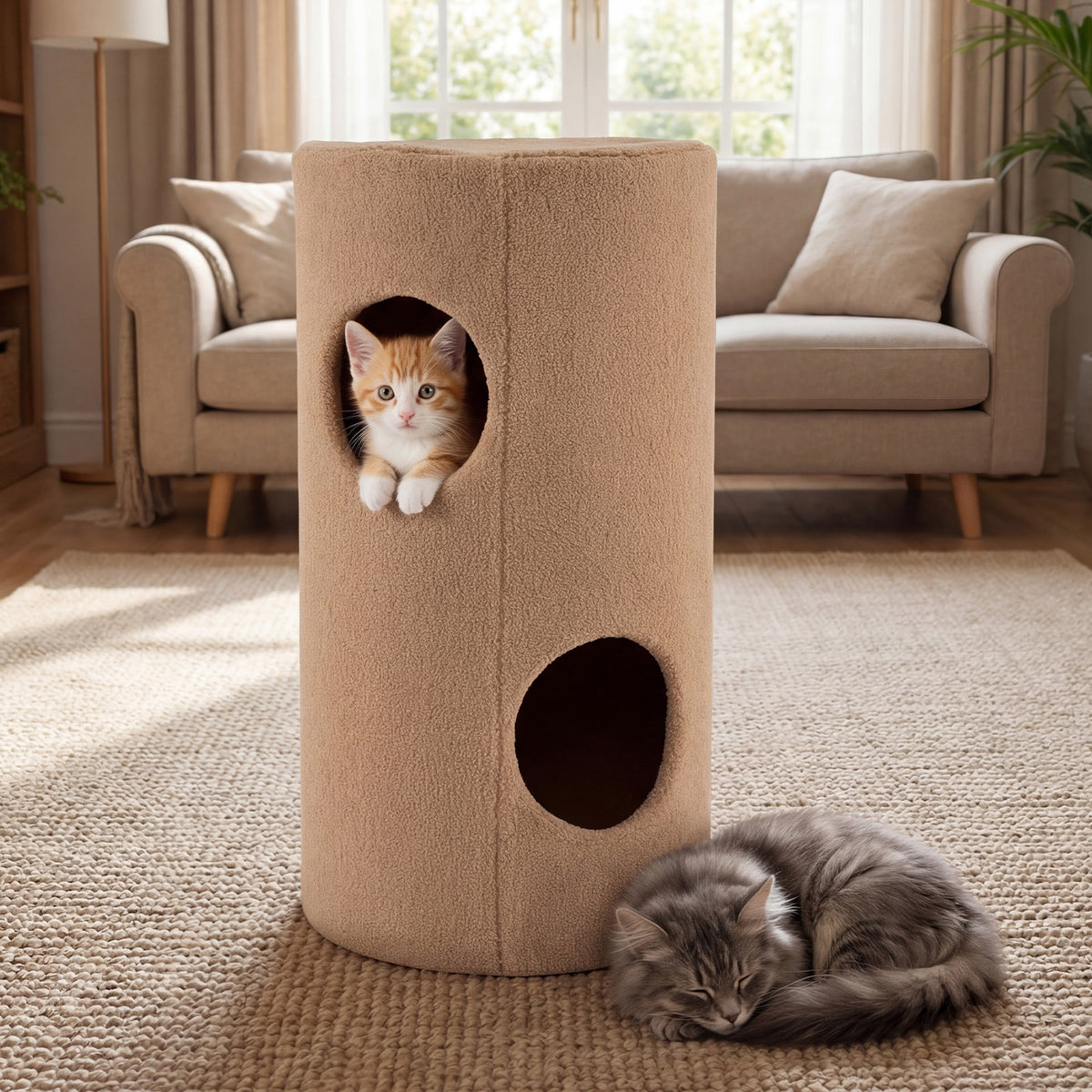 Two kittens peek out of the openings in the cat furniture