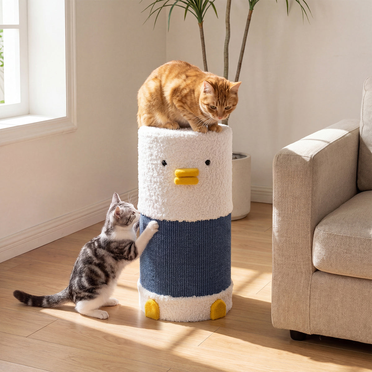 Two cats interacting with the cat furniture in a living room setting