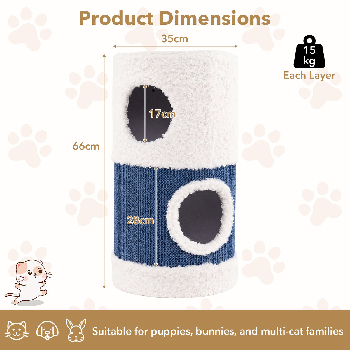 Diagram showing the dimensions of the cat furniture with text about weight capacity