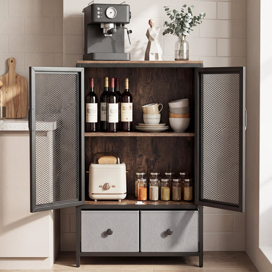 The coffee bar cabinet is shown in a kitchen setting with a coffee machine and toaster on top