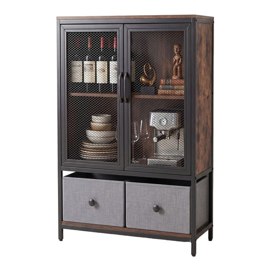 2-Tier Coffee Bar Cabinet with spacious countertop and 2 fabric drawers in rustic brown