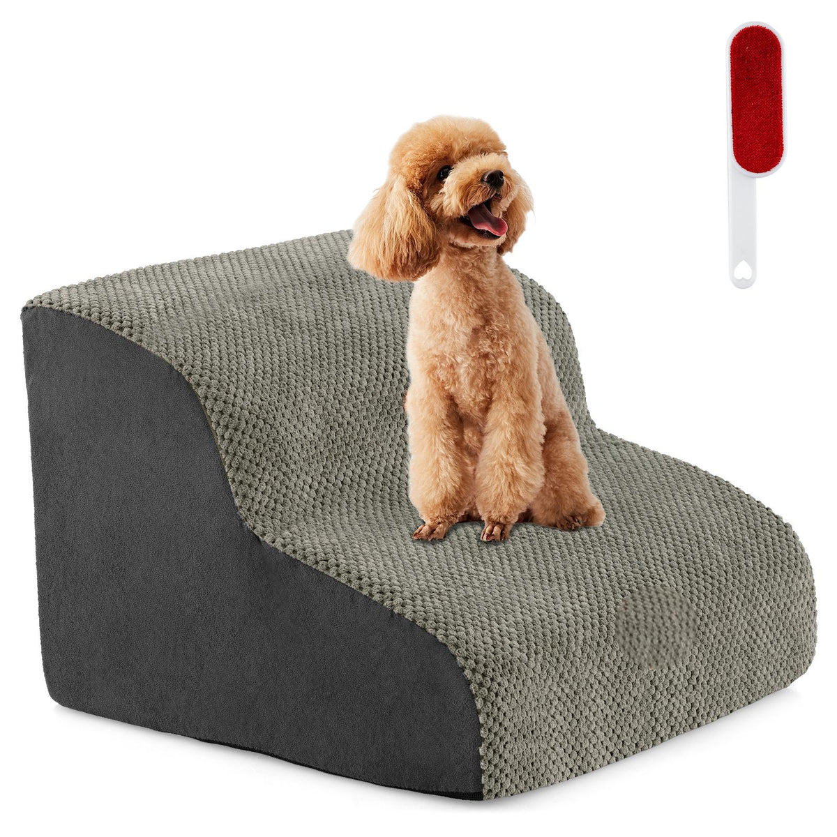 2-Tier Dog Ramp Pet Stairs with a small dog sitting on the top step and a hair removal brush