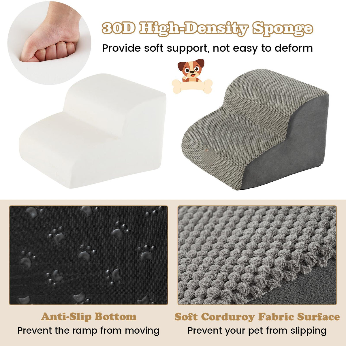The pet stairs showing the foam interior, the textured fabric and the anti-slip base