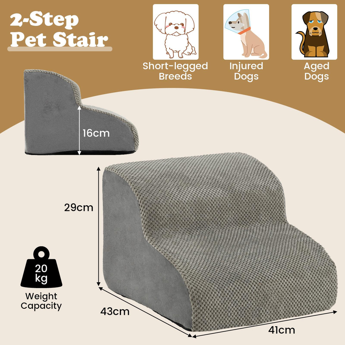 The pet stairs shown with dimension labels and icons for suitable dog types