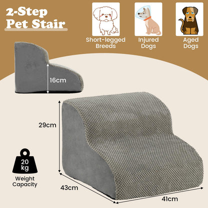 The pet stairs shown with dimension labels and icons for suitable dog types