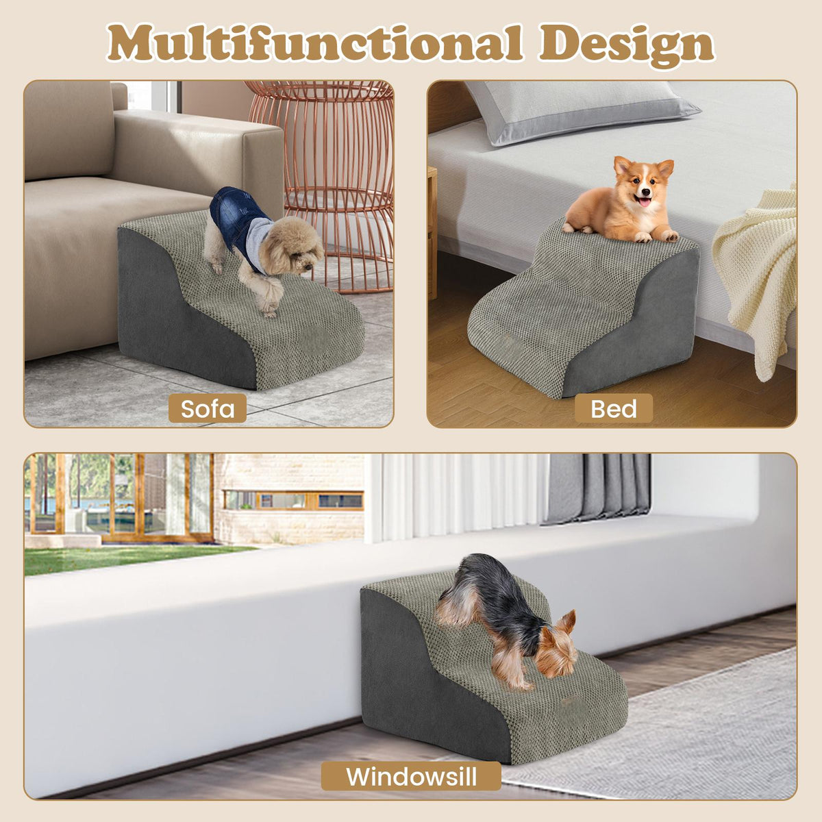 The pet stairs shown in three different home settings including a sofa, bed and windowsill