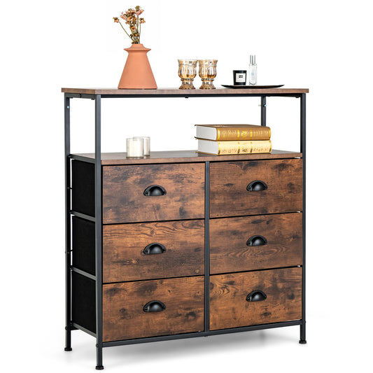 2-Tier Dresser with six drawers and a wooden top shelf against a plain white background