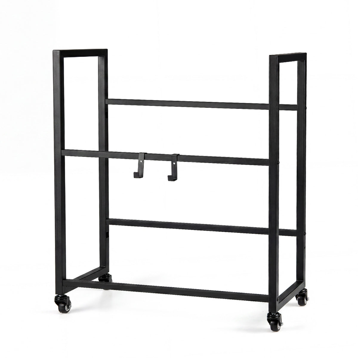 The black metal frame of the drinks crate rack with wheels