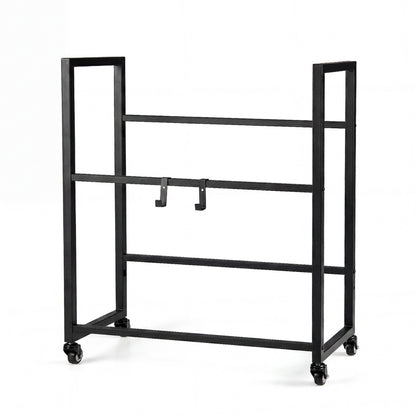 The black metal frame of the drinks crate rack with wheels