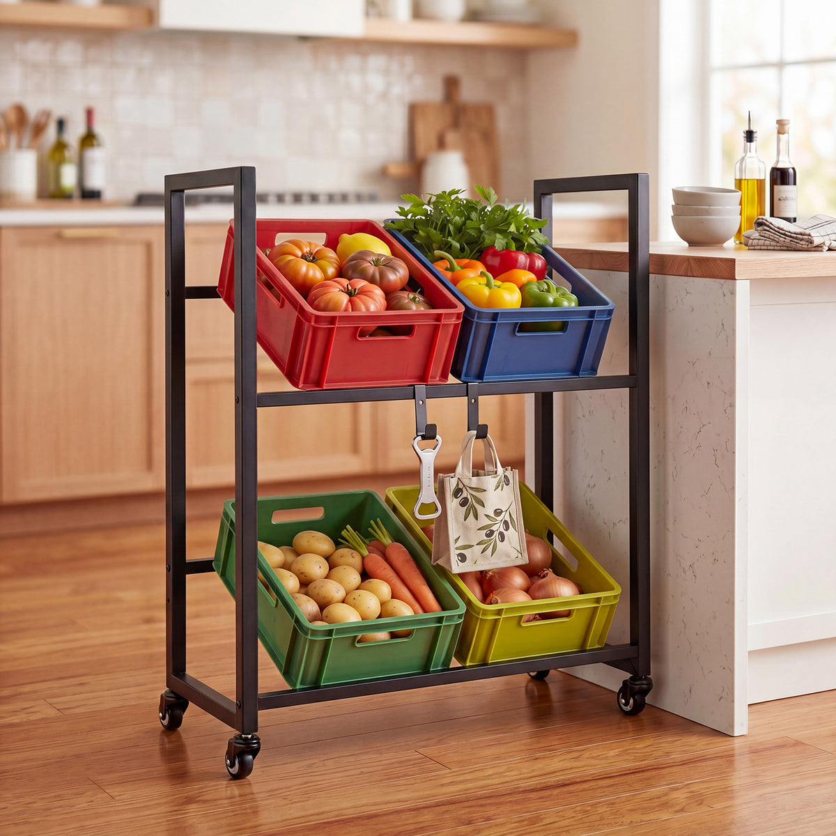 The rolling bottle crate shelf in a kitchen setting filled with fresh produce