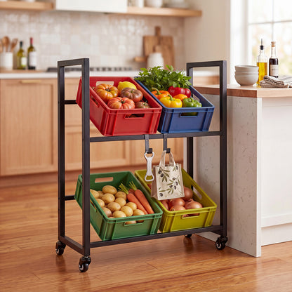 The rolling bottle crate shelf in a kitchen setting filled with fresh produce