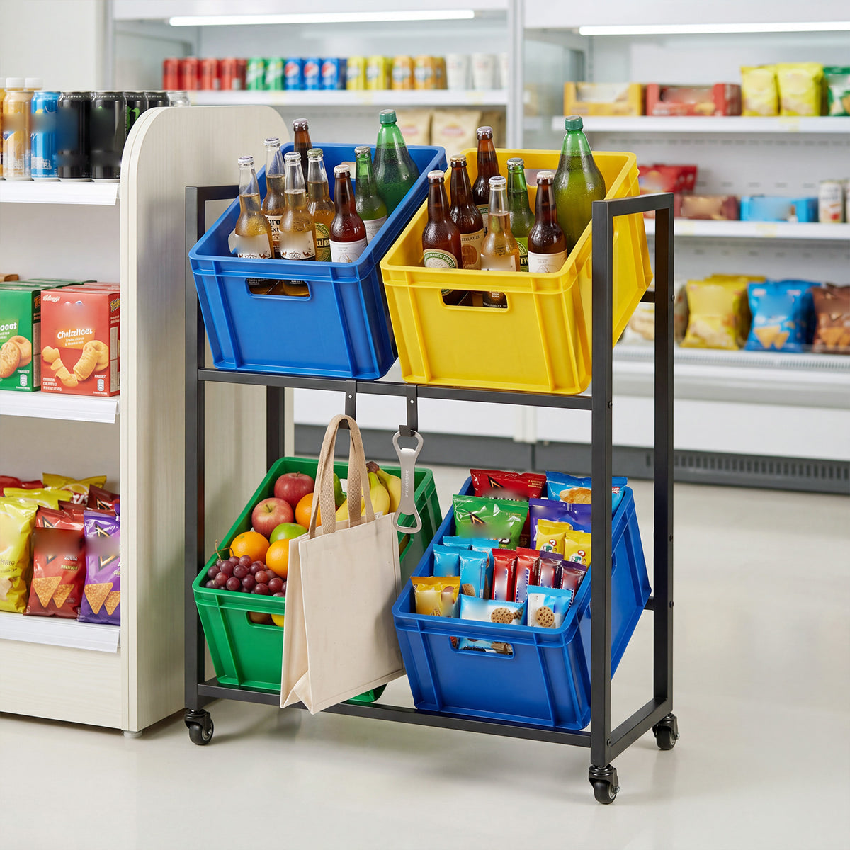 This drinks crate shelf is shown in a shop environment with various goods