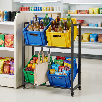 This drinks crate shelf is shown in a shop environment with various goods