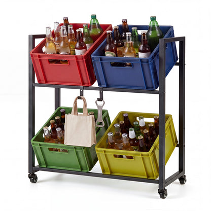 2-Tier Drink Crate Rack with four colourful crates filled with bottles and bags