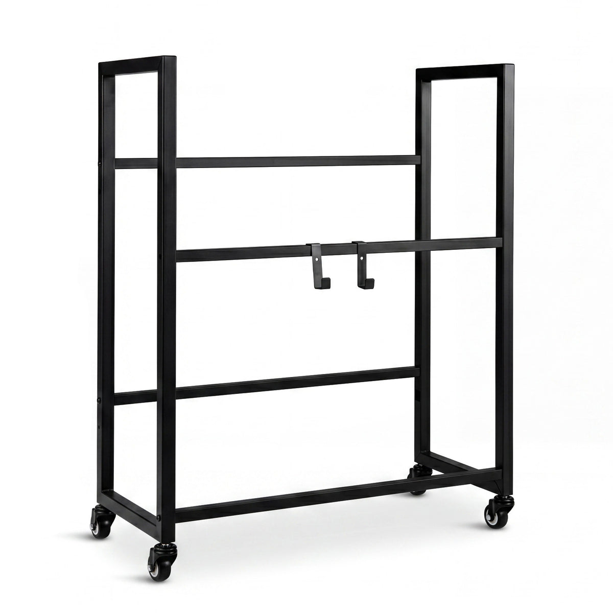 Rear view of the black metal drinks crate rack with wheels