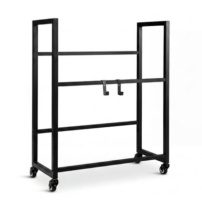 Rear view of the black metal drinks crate rack with wheels