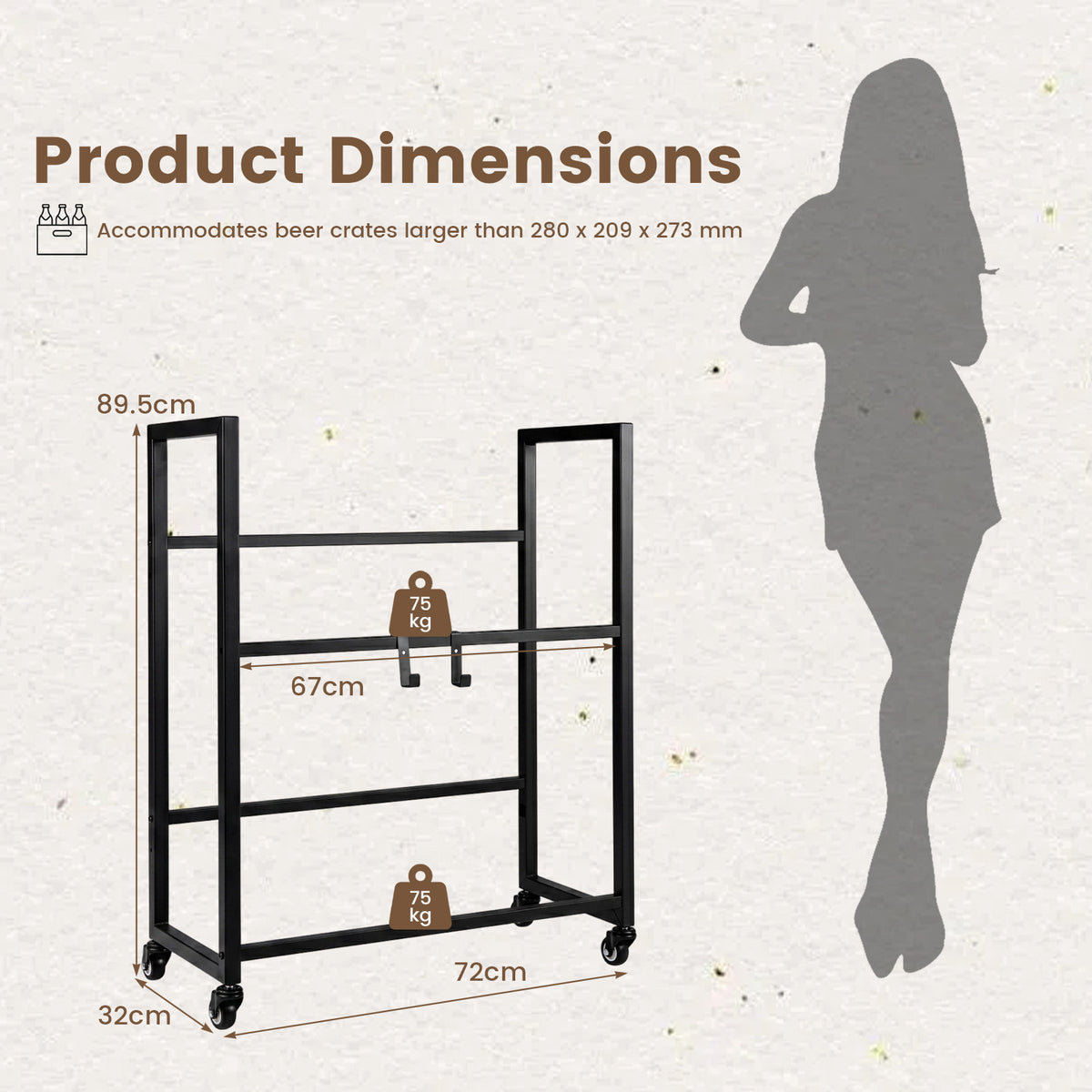 Dimensions diagram showing the size of the drinks crate rack with weights