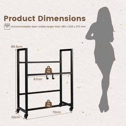 Dimensions diagram showing the size of the drinks crate rack with weights