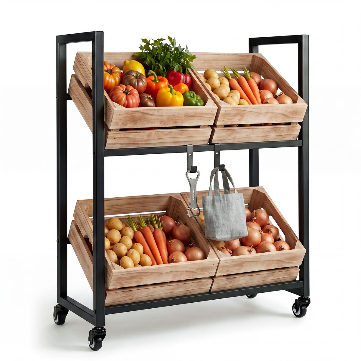 The wine rack is shown with wooden crates filled with fruit and vegetables