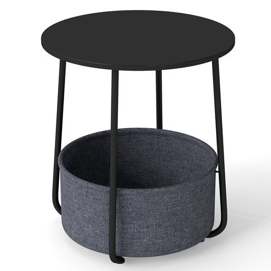 2-Tier End Table with a black round top and a grey fabric storage basket underneath