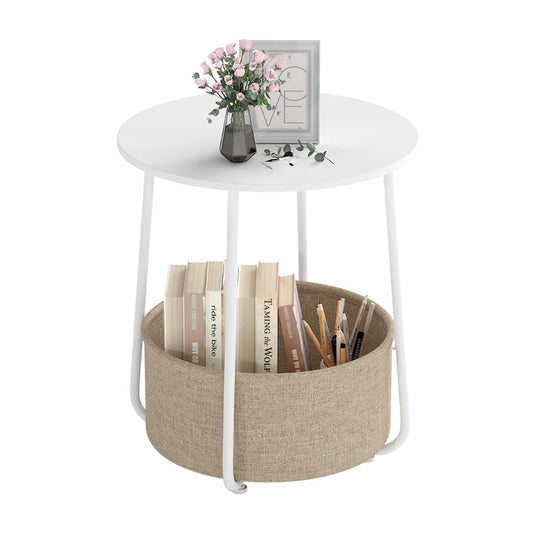 2-Tier End Table with fabric storage basket and metal frame in white