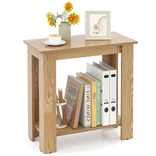 2-Tier End Table with Storage Shelf for Small Spaces in natural wood finish, showing the top shelf and lower storage shelf