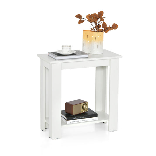 2-Tier End Table with Storage Shelf for Small Spaces in white, a simple design with a top surface and a lower shelf