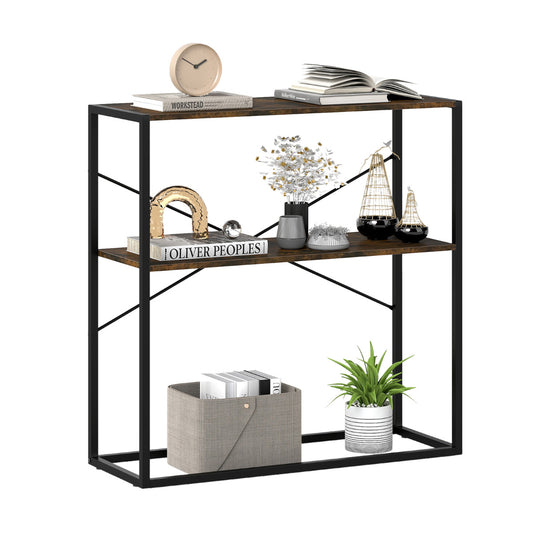 2-Tier Entryway Table with marble textured shelves and a rustic brown finish