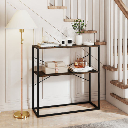 Console table with two shelves and a metal frame in a hallway setting