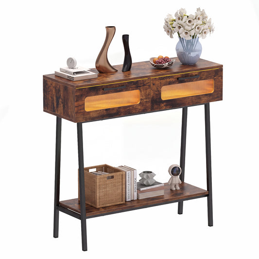 2-Tier Farmhouse Console Table with open shelf and illuminated drawers