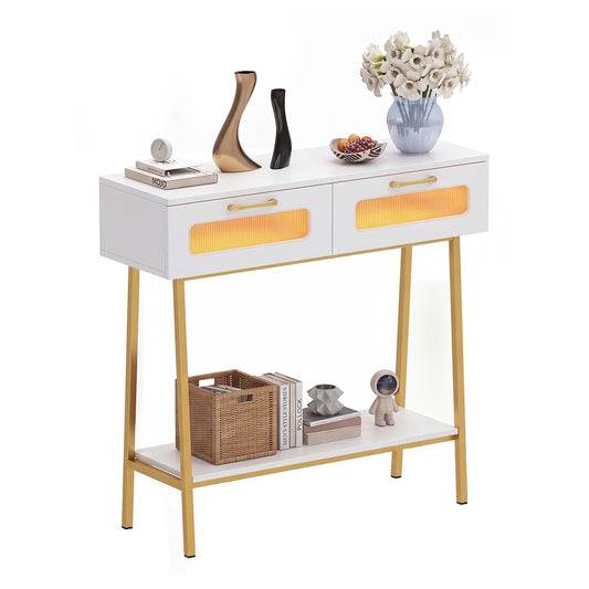 2-Tier Farmhouse Console Table with two drawers and an open shelf, featuring gold legs and white finish
