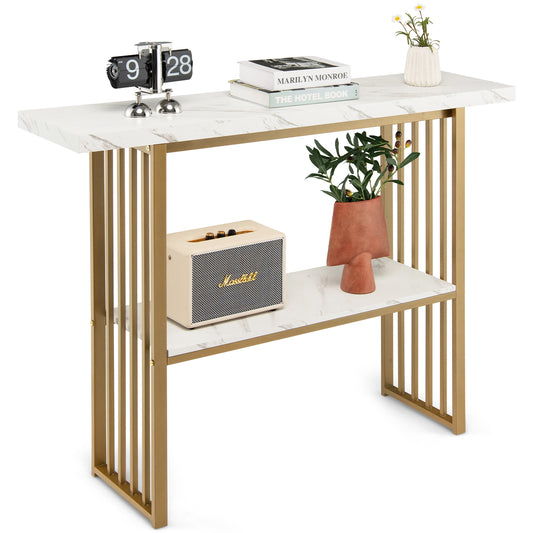 2-Tier Faux Marble Console Table with white marble effect top and shelves and golden legs