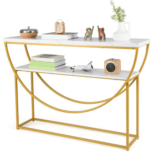 2-Tier Faux Marble Top Console Table with white shelves and a gold frame decorated with ornaments