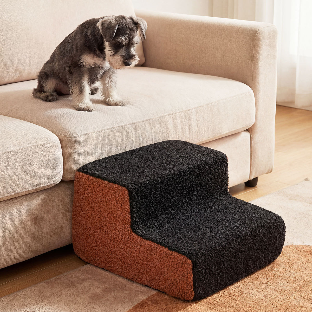 A medium-sized dog on a sofa looking down at the pet stairs