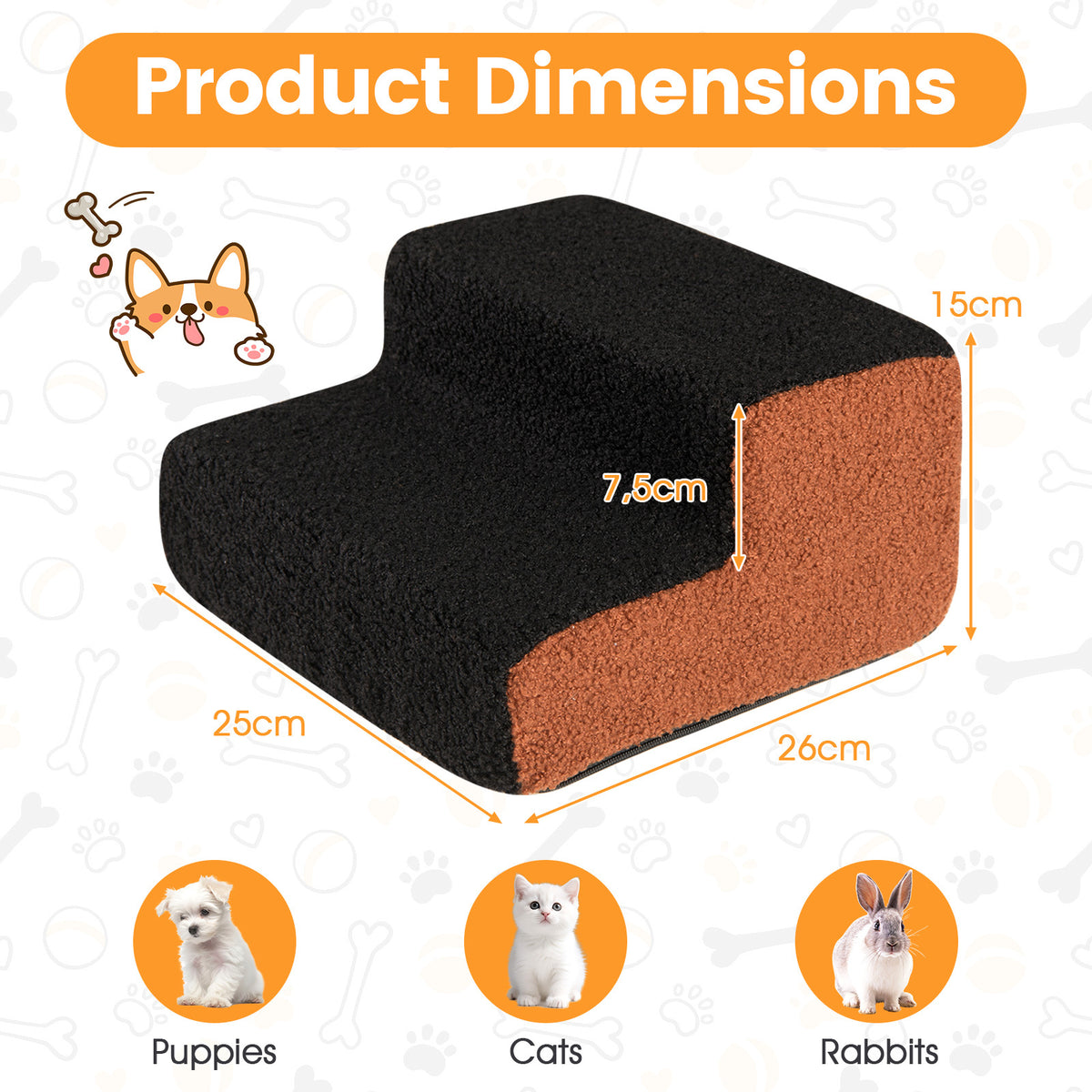 Product dimensions diagram showing a dog ramp with measurements