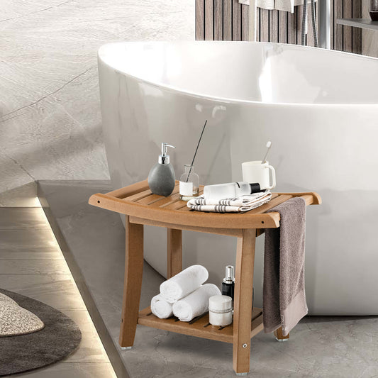 The brown shower bench with curved seat in a modern bathroom next to a bathtub