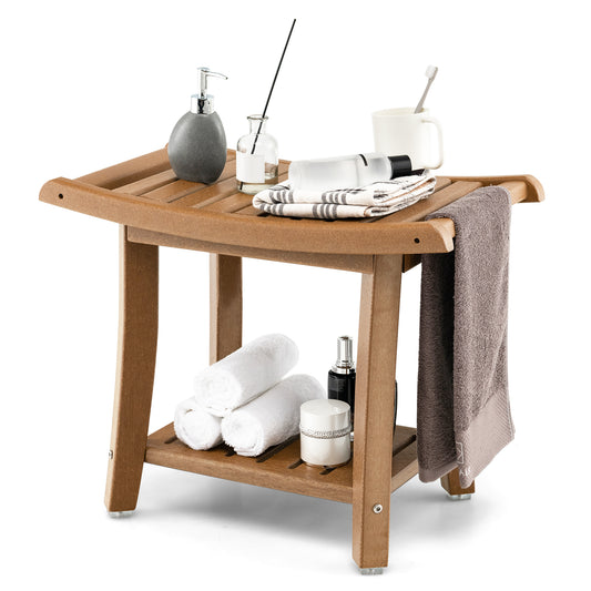 2-tier HDPE Waterproof Shower Bench with Curved Seat in brown, with towels and toiletries on it