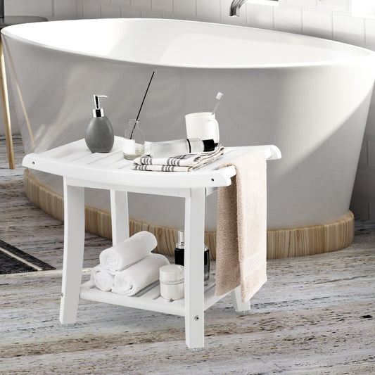 White shower bench with curved seat placed next to a bathtub