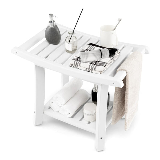 2-tier HDPE Waterproof Shower Bench with Curved Seat in white, with a shelf below and items on top