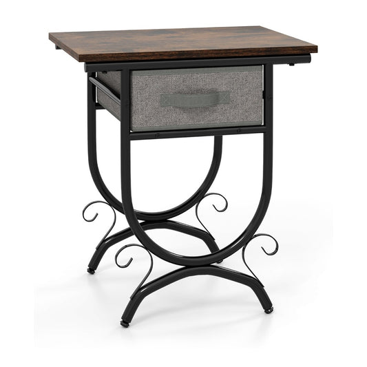 2-Tier Industrial Bedside Table with fabric drawer and wood top, front view