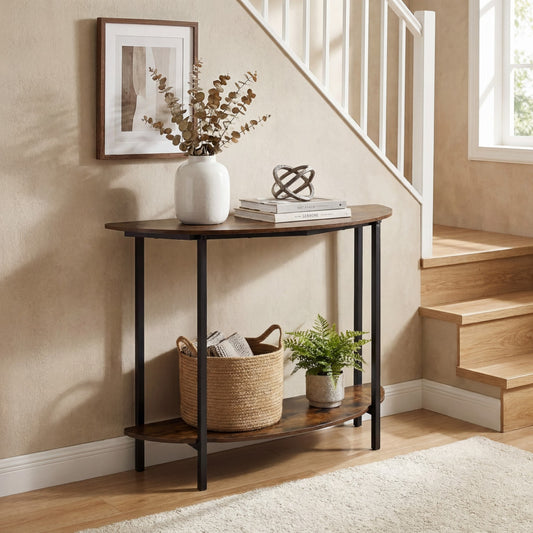 The end table in a hallway with a picture and plant on the wall
