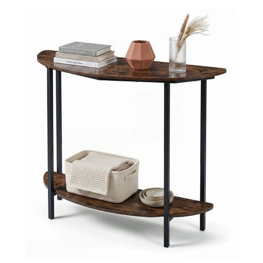 2-Tier Industrial Sofa Couch Table with open storage shelf and heavy-duty metal frame in rustic brown
