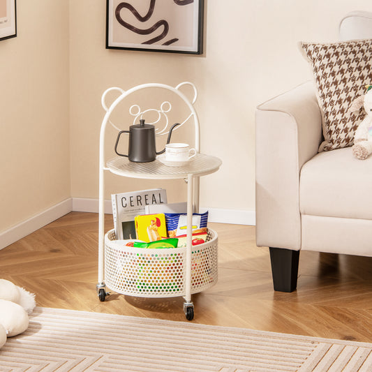 The side table placed in a living room next to a sofa with drinks and snacks on top